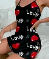 Love Desenli Siyah Saten Gecelik