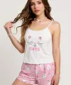 Renkli Kedi Desenli Askılı Şortlu Kadın Pijama Takımı