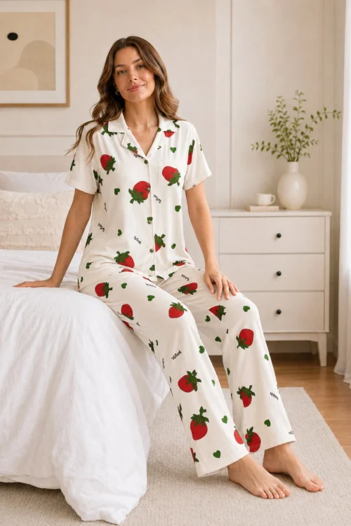 Ekru Çilek Desenli Kısa Kollu Gömlek Yaka Milan Kumaş Kadın Pijama Takımı