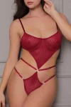 Transparan Bordo Dekolteli Balenli Fantazi İç Giyim Body TM1410