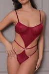 Transparan Bordo Dekolteli Balenli Fantazi İç Giyim Body TM1410