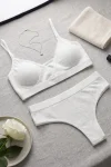 Kadın Ekru Çıkarılabilir Pedli Fitilli Dantelli Bralet Takımı