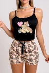 Renkli Ayıcık Desenli Askılı Şortlu Kadın Pijama Takımı