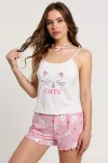 Renkli Kedi Desenli Askılı Şortlu Kadın Pijama Takımı
