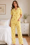 Sarı Limon Desenli Kısa Kollu Gömlek Yaka Milan Kumaş Kadın Pijama Takımı