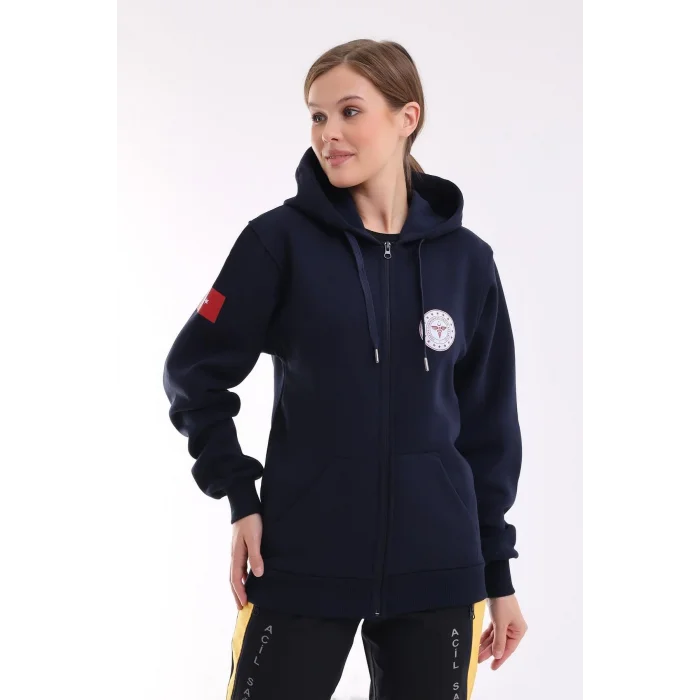 112 Acil Sağlık Unisex Kapşonlu Hırka - Lacivert