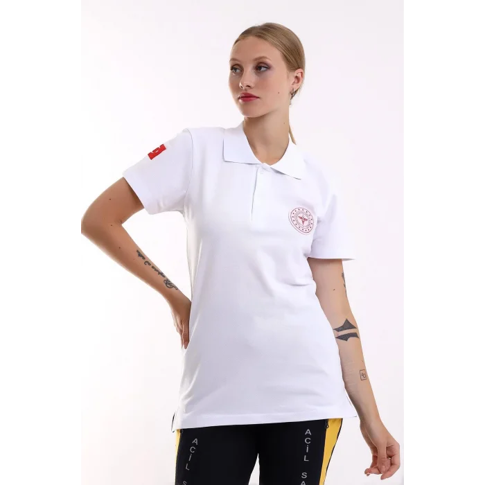 112 Acil Sağlık Yakalı Tshirt Kısa Kol Baskılı - Beyaz