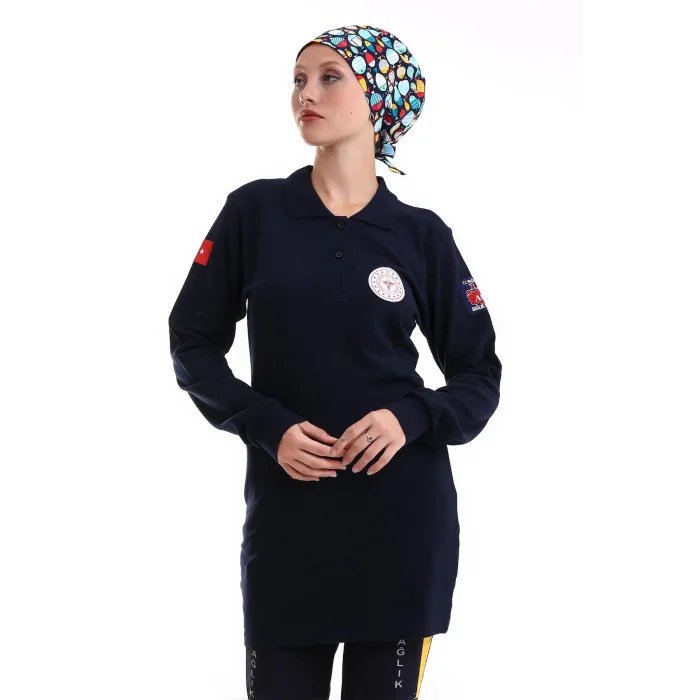 112 Acil Sağlık Yakalı Tshirt Tunik Baskılı - Lacivert