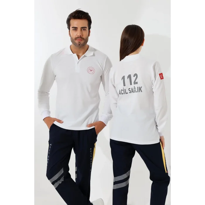112 Acil Sağlık Yakalı Tshirt Uzun Kol Baskılı - Beyaz