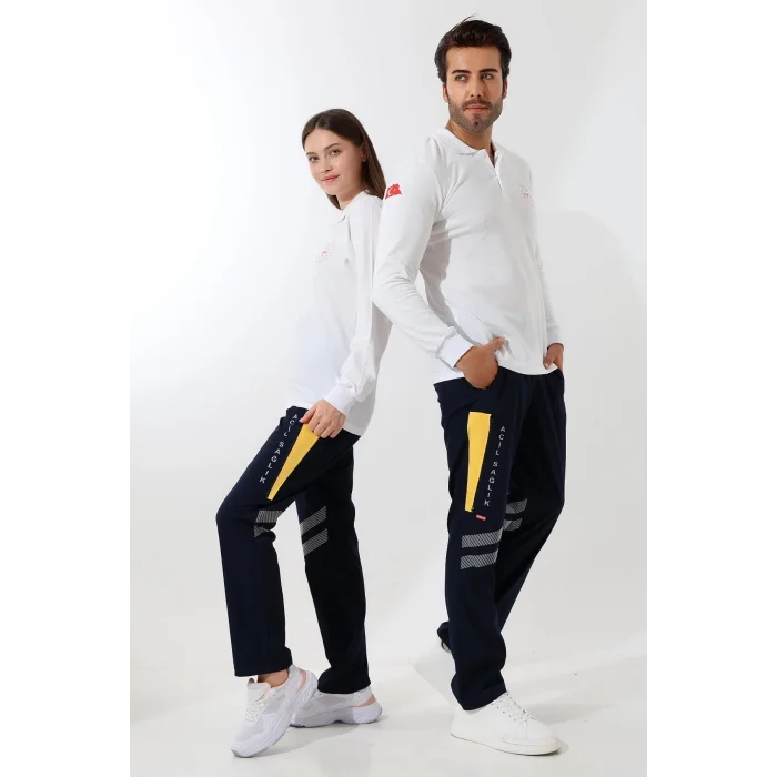 112 Acil Sağlık Yakalı Tshirt Uzun Kol Baskılı - Beyaz