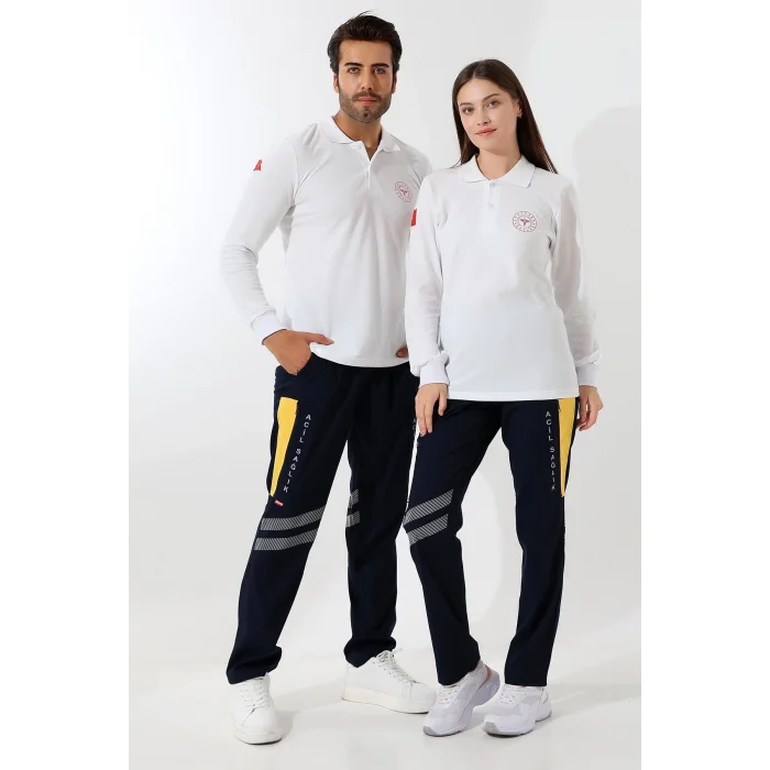 112 Acil Sağlık Yakalı Tshirt Uzun Kol Baskılı - Beyaz