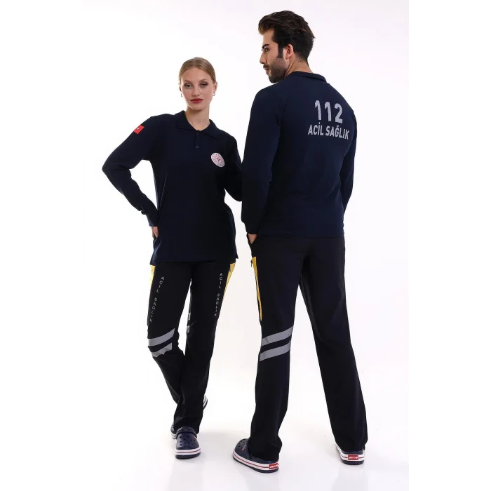 112 Acil Sağlık Yakalı Tshirt Uzun Kol Baskılı - Lacivert