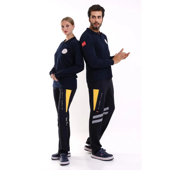 112 Acil Sağlık Yakalı Tshirt Uzun Kol Baskılı - Lacivert