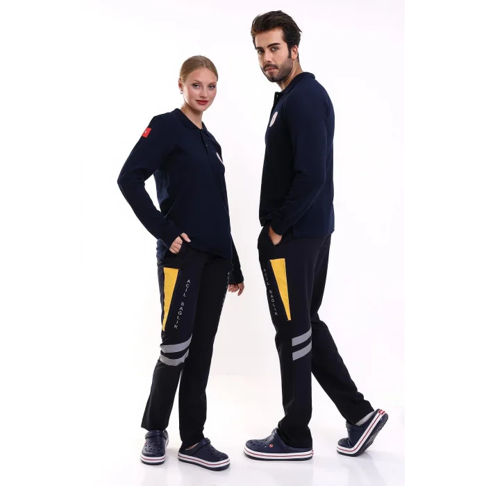 112 Acil Sağlık Yakalı Tshirt Uzun Kol Baskılı - Lacivert