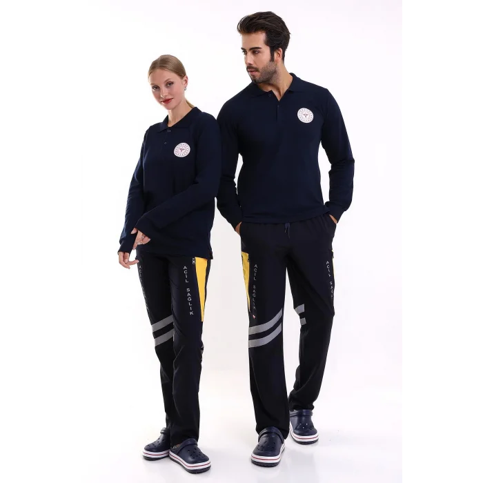 112 Acil Sağlık Yakalı Tshirt Uzun Kol Baskılı - Lacivert