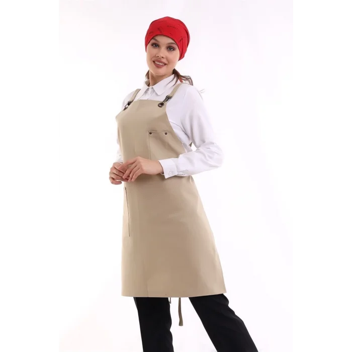 Barista Askılı Önlük Tek Cepli - Bej
