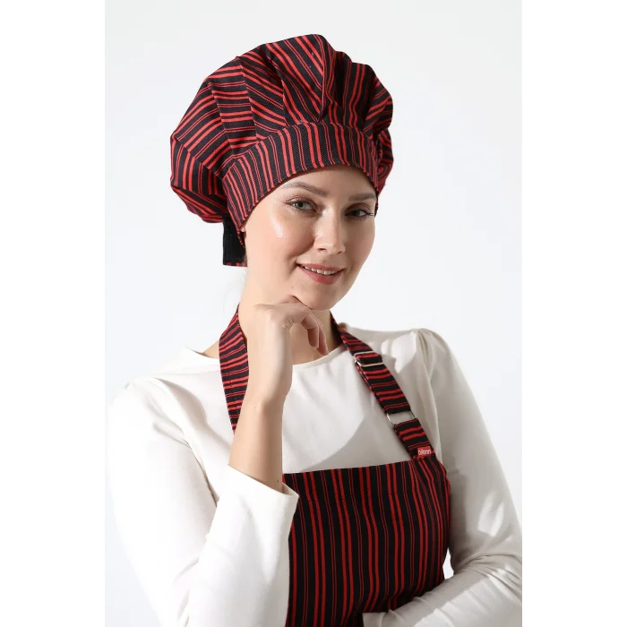 Kırmızı Siyah Çizgi Desenli Aşçı Mantar Şapka - Unisex