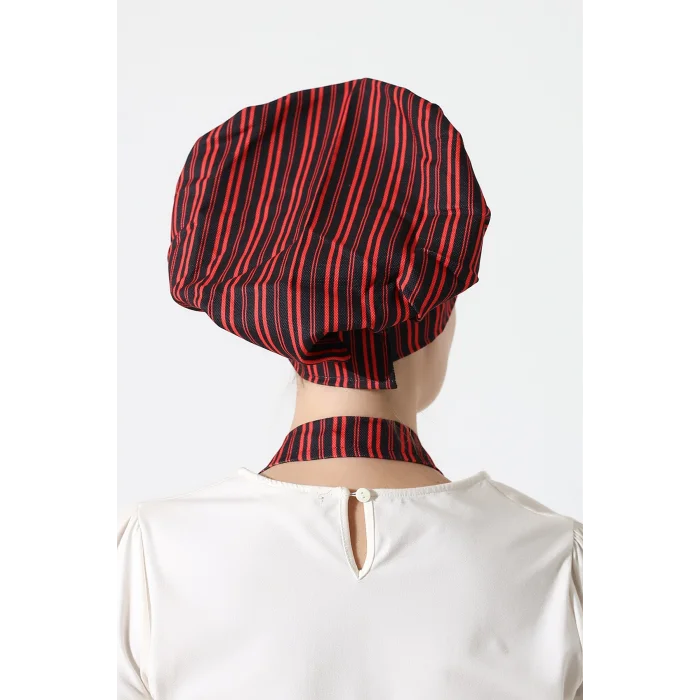 Kırmızı Siyah Çizgi Desenli Aşçı Mantar Şapka - Unisex