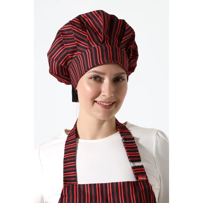 Kırmızı Siyah Çizgi Desenli Aşçı Mantar Şapka - Unisex