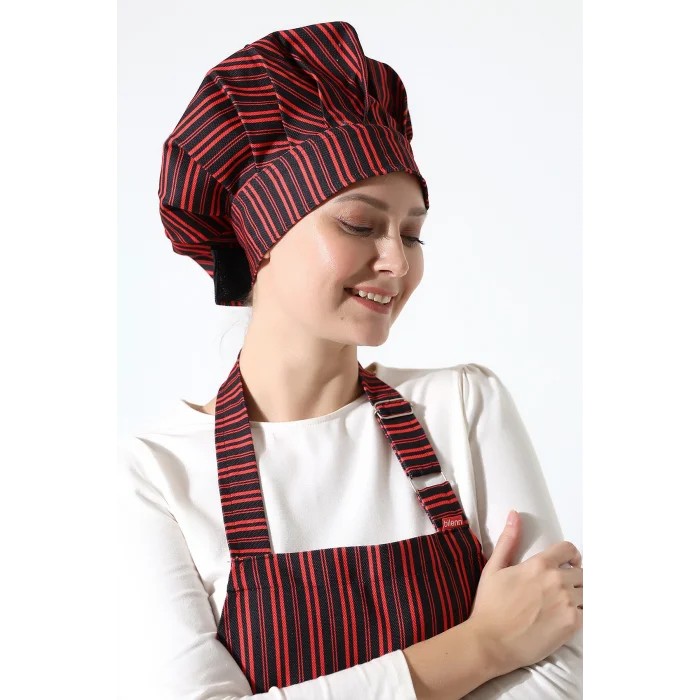 Kırmızı Siyah Çizgi Desenli Aşçı Mantar Şapka - Unisex