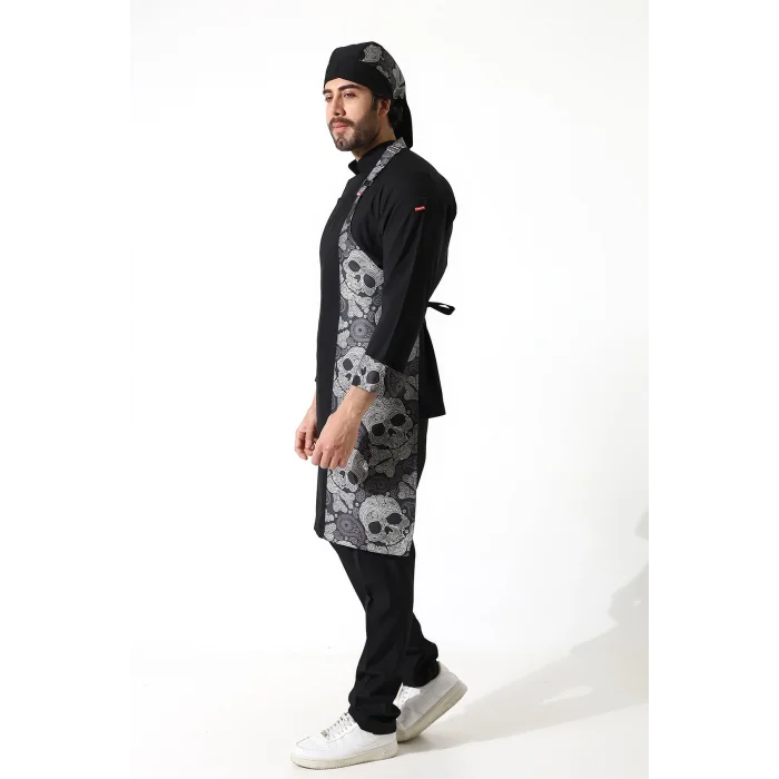 Askılı Önlük Desen Garnili Siyah Kuru Kafa