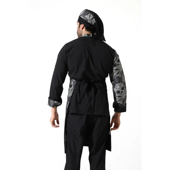 Askılı Önlük Desen Garnili Siyah Kuru Kafa