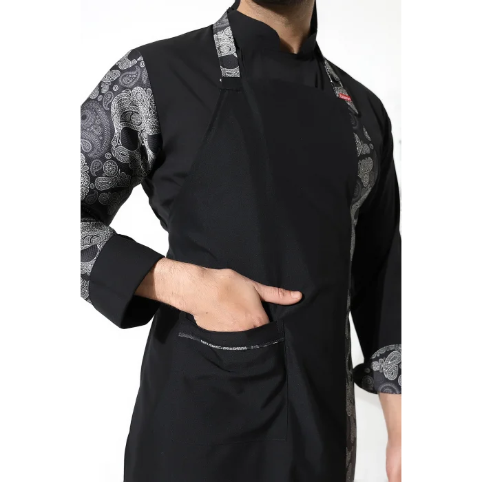 Askılı Önlük Desen Garnili Siyah Kuru Kafa