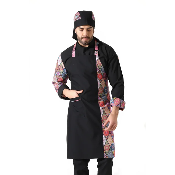 Askılı Önlük Desen Garnili Siyah Çini