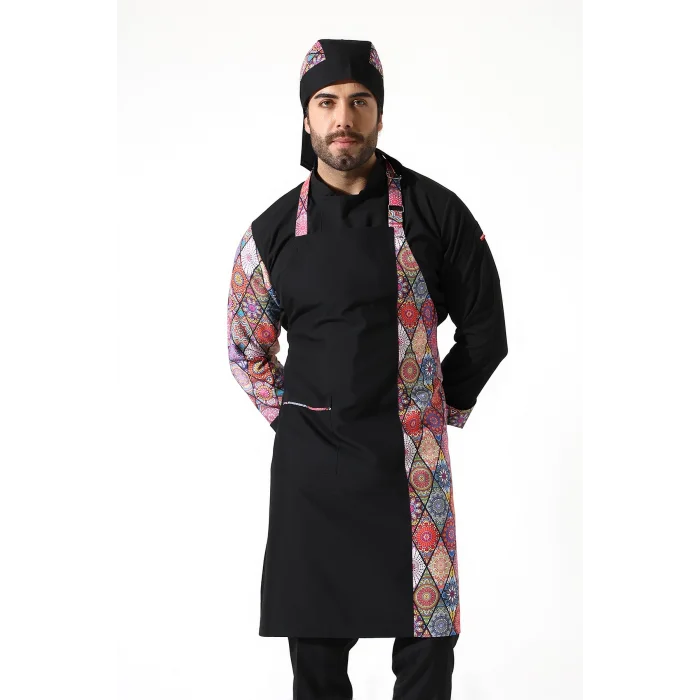 Askılı Önlük Desen Garnili Siyah Çini