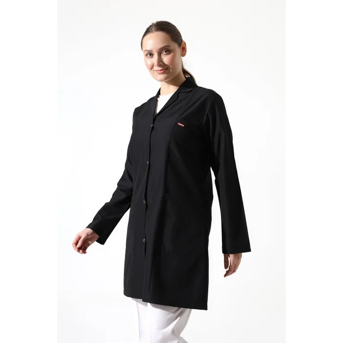 Doktor Öğretmen Kadın Önlük Ara Boy Ceket Yaka - Siyah
