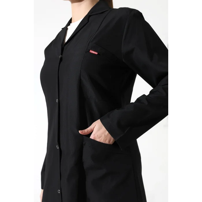 Doktor Öğretmen Kadın Önlük Ara Boy Ceket Yaka - Siyah