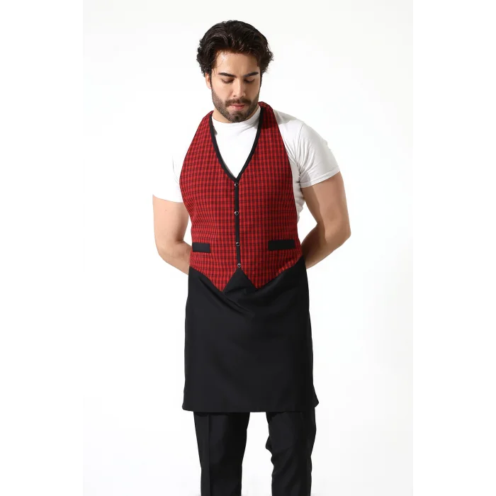 Askılı Yelekli Garson Önlüğü - 401 Kırmızı Kareli