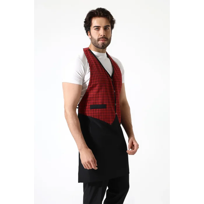 Askılı Yelekli Garson Önlüğü - 401 Kırmızı Kareli