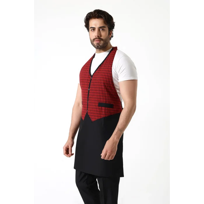 Askılı Yelekli Garson Önlüğü - 401 Kırmızı Kareli