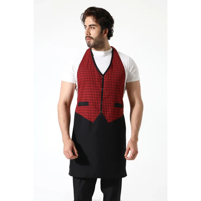 Askılı Yelekli Garson Önlüğü - 401 Kırmızı Kareli