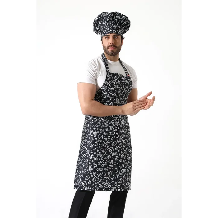 Desenli Askılı Önlük - 3803 Siyah Fincan