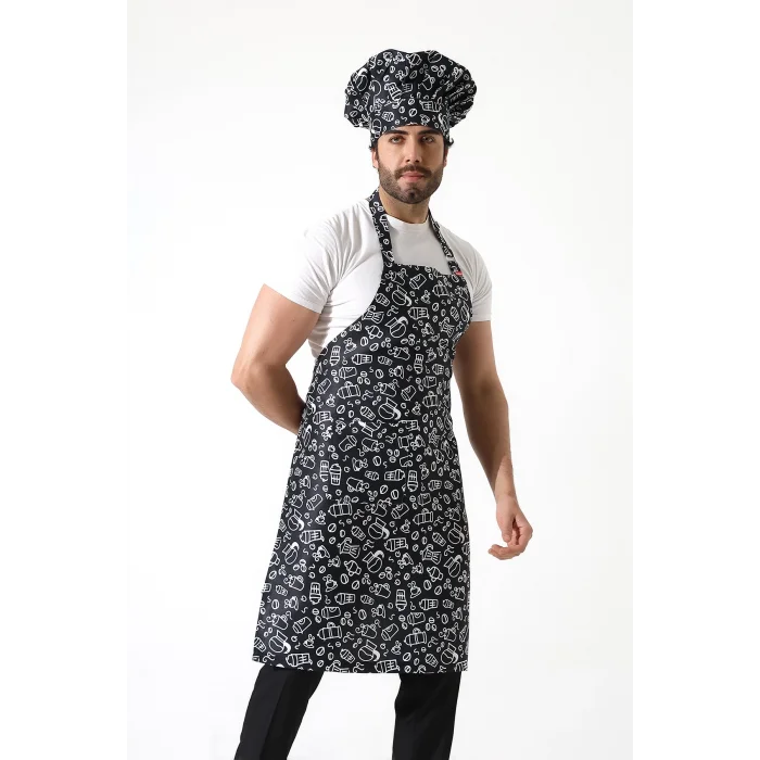 Desenli Askılı Önlük - 3803 Siyah Fincan