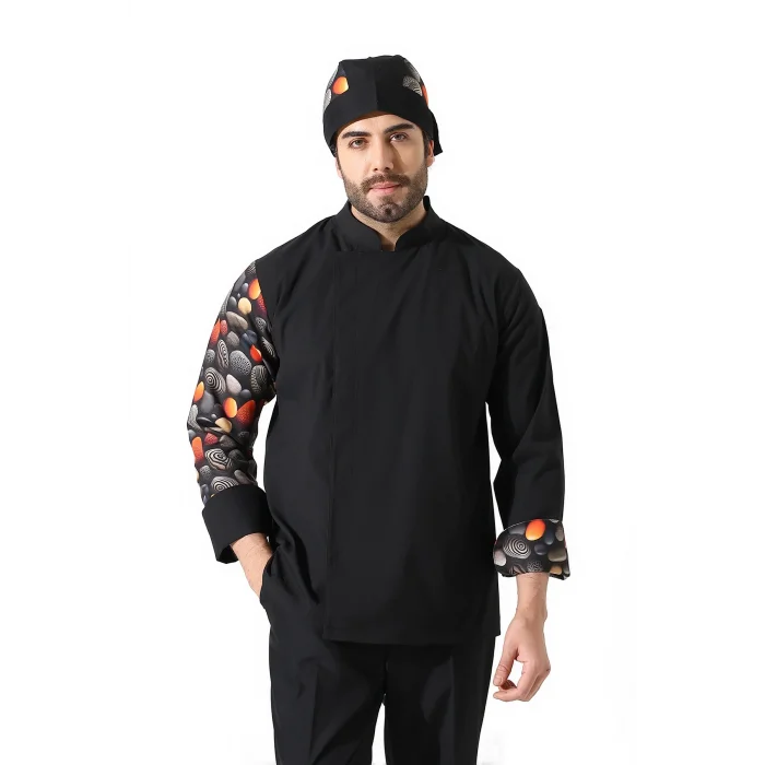 Erkek Likralı Kol Desenli Aşçı Ceket - 6403 Siyah Çakıl Taşı