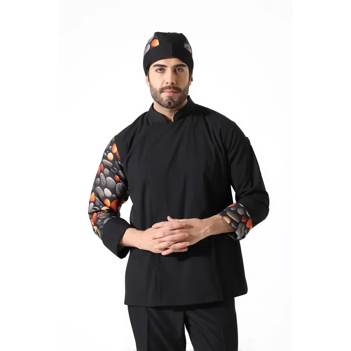 Erkek Likralı Kol Desenli Aşçı Ceket - 6403 Siyah Çakıl Taşı