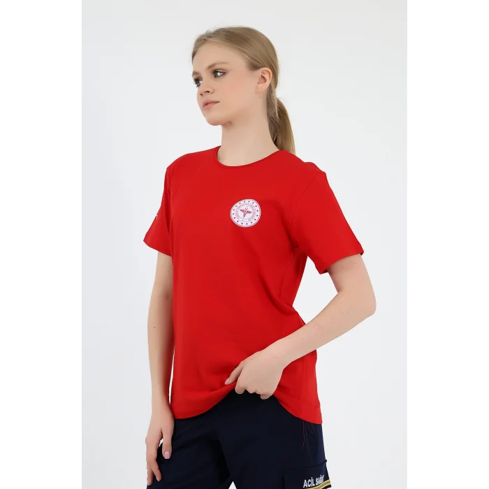 112 Acil Sağlık Yuvarlak Yaka Penye Kısa Kol Tshirt - Kırmızı