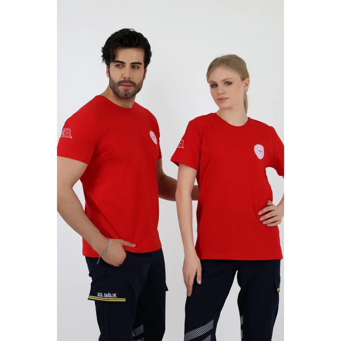 112 Acil Sağlık Yuvarlak Yaka Penye Kısa Kol Tshirt - Kırmızı