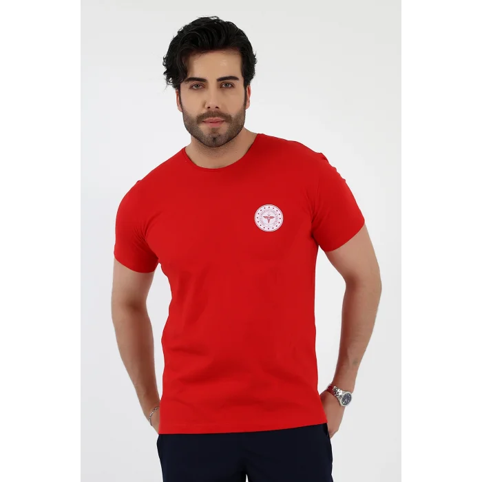 112 Acil Sağlık Yuvarlak Yaka Penye Kısa Kol Tshirt - Kırmızı