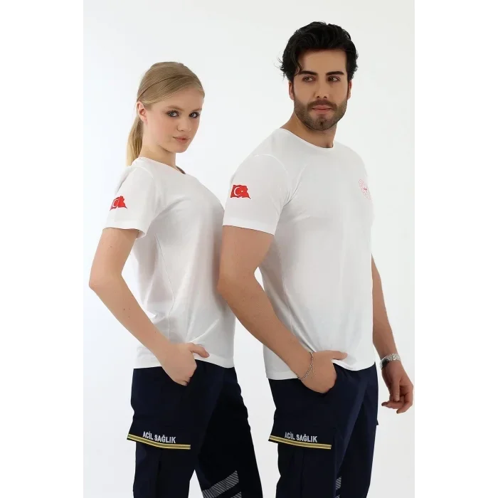 112 Acil Sağlık Yuvarlak Yaka Penye Kısa Kol Tshirt - Beyaz