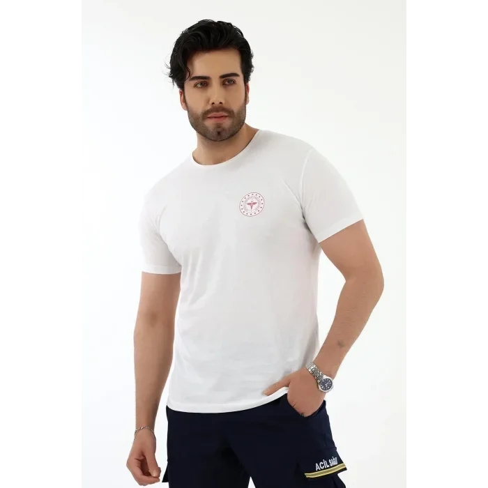 112 Acil Sağlık Yuvarlak Yaka Penye Kısa Kol Tshirt - Beyaz