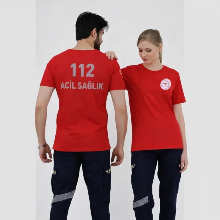 112 Acil Sağlık Yuvarlak Yaka Penye Kısa Kol Tshirt - Kırmızı