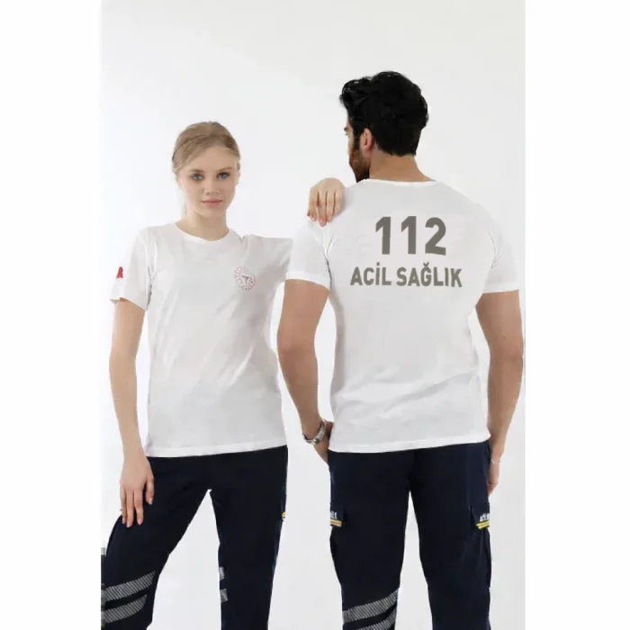 112 Acil Sağlık Yuvarlak Yaka Penye Kısa Kol Tshirt - Beyaz