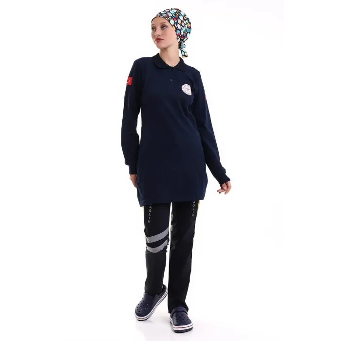 Paramedik Yakalı Tunik Nakışlı - Lacivert