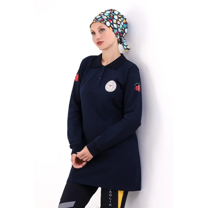 Paramedik Yakalı Tunik Nakışlı - Lacivert