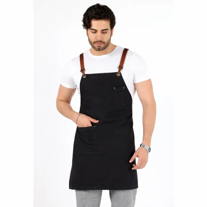 Barista Askılı Önlük Tek Cepli Deri Kemerli - Füme