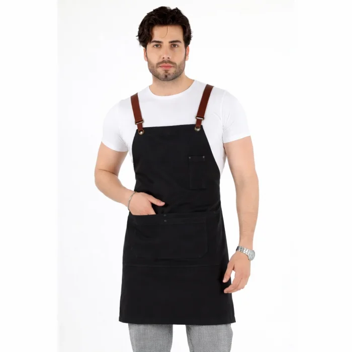 Barista Askılı Önlük Çift Cepli Deri Kemerli - Füme